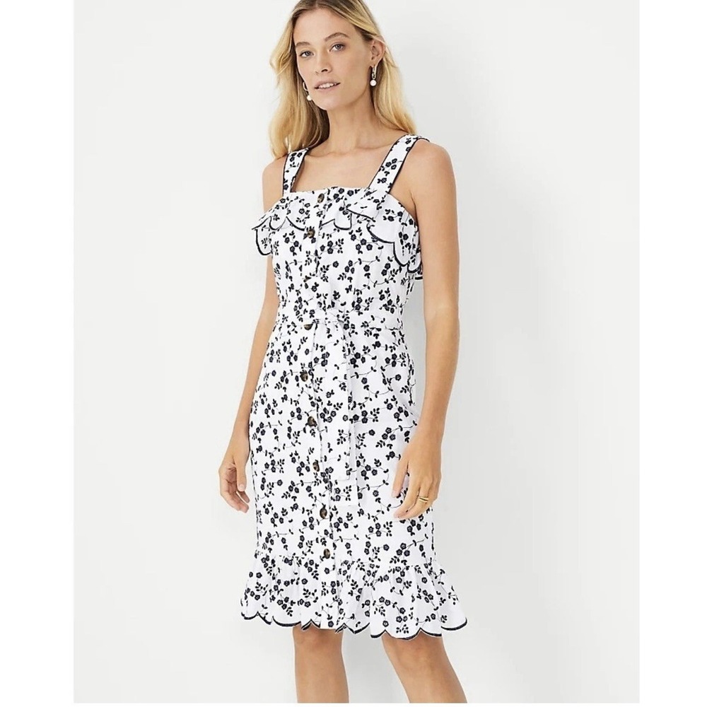Ann Taylor Floral‎ Embroidered Sun Dress Black and White Womens Size XS